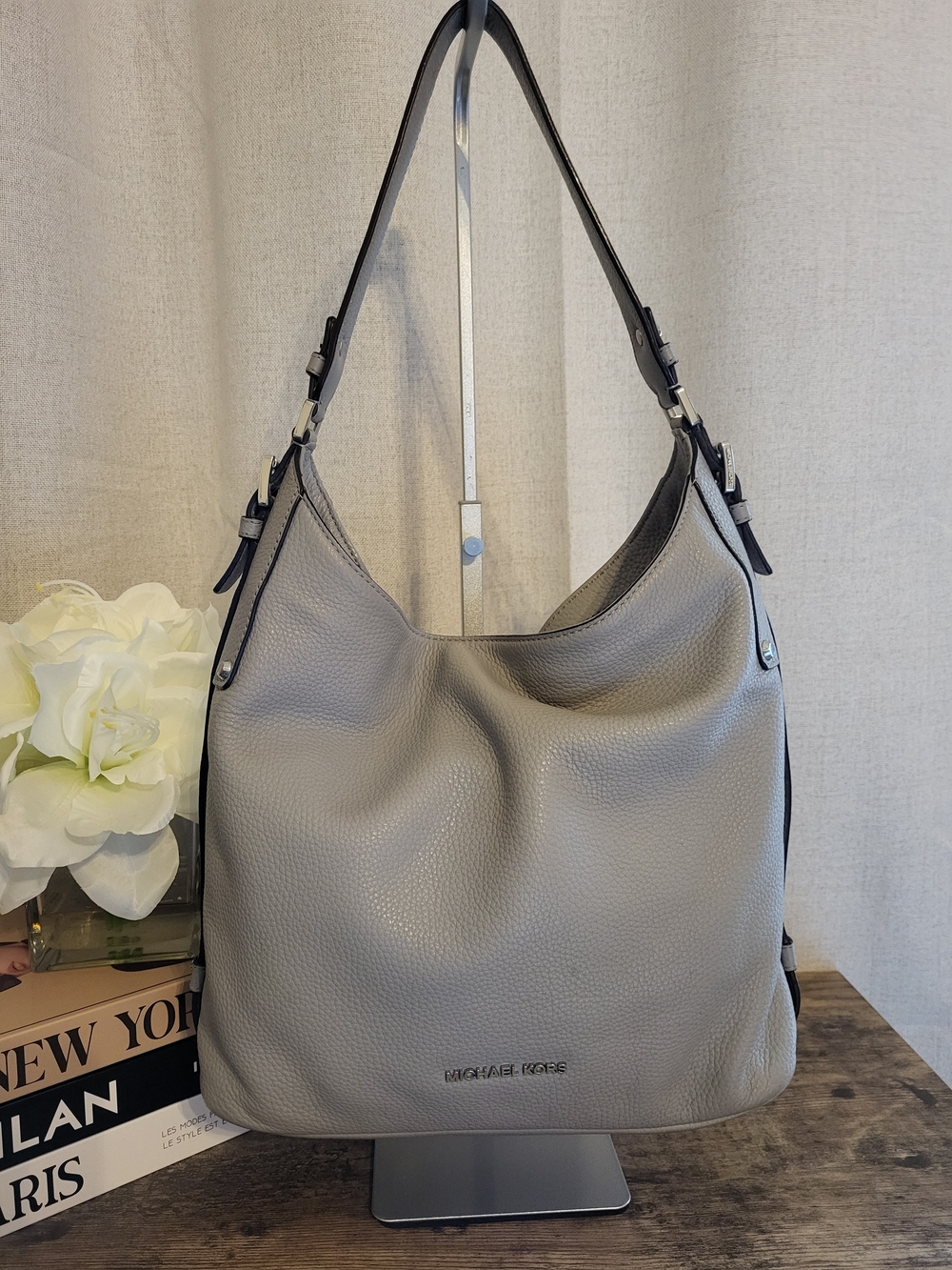 Michael Kors Nolita Large  Pebbled Leather Shoulder Hobo Bag in Light Gray
